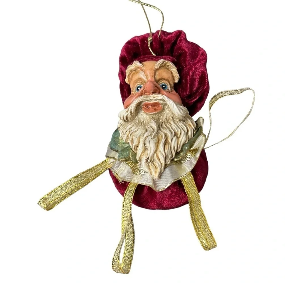 Santa Head Ornament Red Velvet Ceramic Jester? Baker? Big Eyes Gold Ribbon VTG